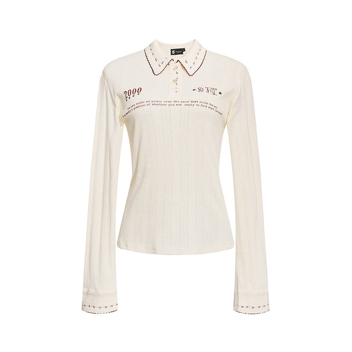 Ladies fine ribbed polo shirt with pointed collar, button placket and decorative embroidery Mune Fashion