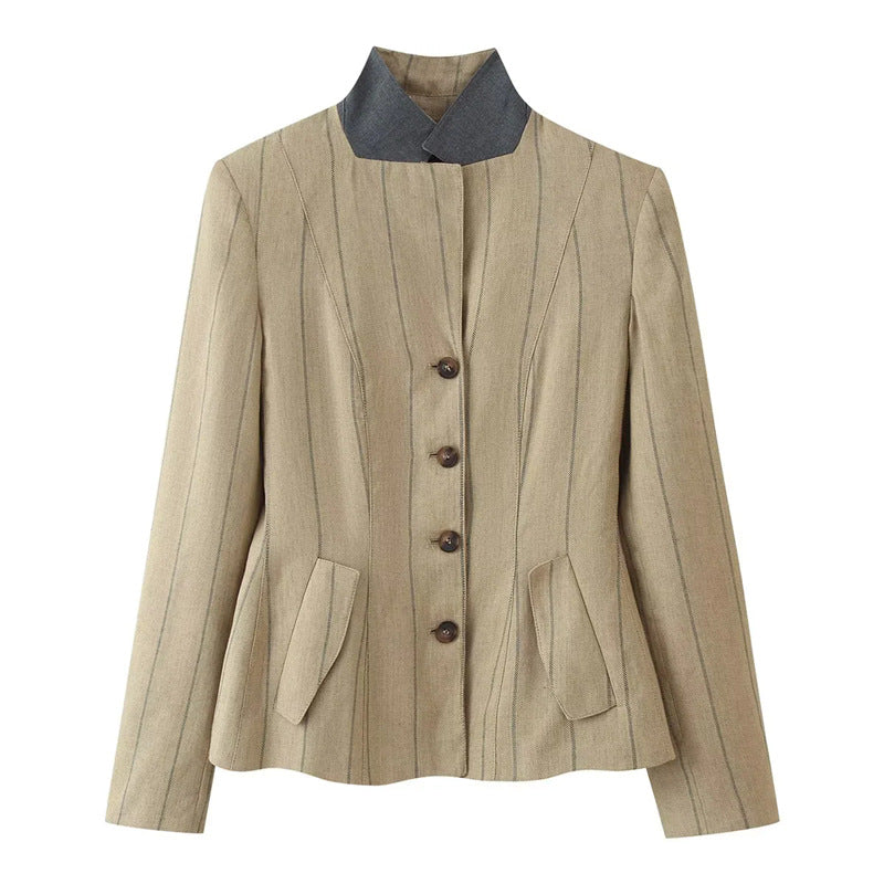 Women tailored linen blazer with stand-up collar and inset design elements Mune Fashion
