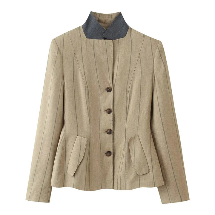 Women tailored linen blazer with stand-up collar and inset design elements Mune Fashion