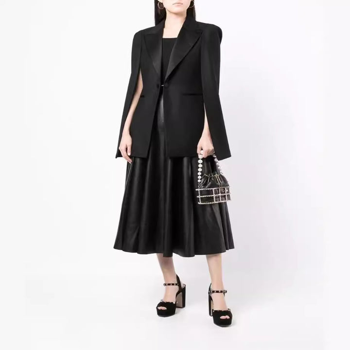 Women's Cape Blazer with Slits at the Sleeves and Satin Lapels Mune Fashion