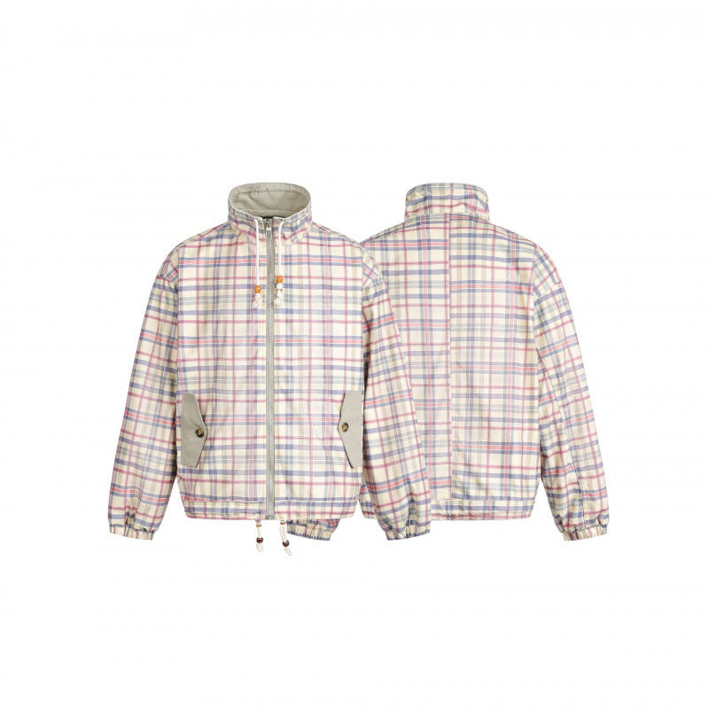 Women Lightweight Checkered Stand Collar Jacket with Drawstring and Flap Pockets Mune Fashion