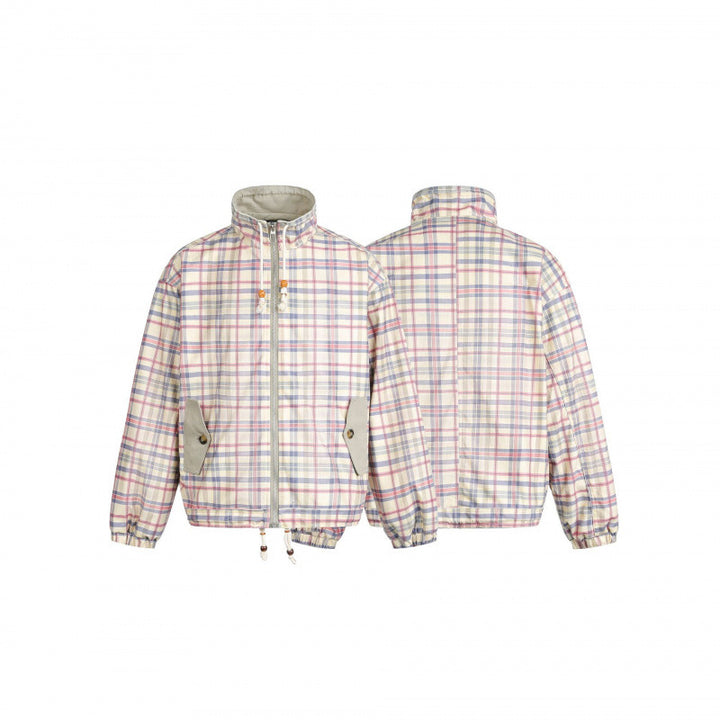 Women Lightweight Checkered Stand Collar Jacket with Drawstring and Flap Pockets Mune Fashion