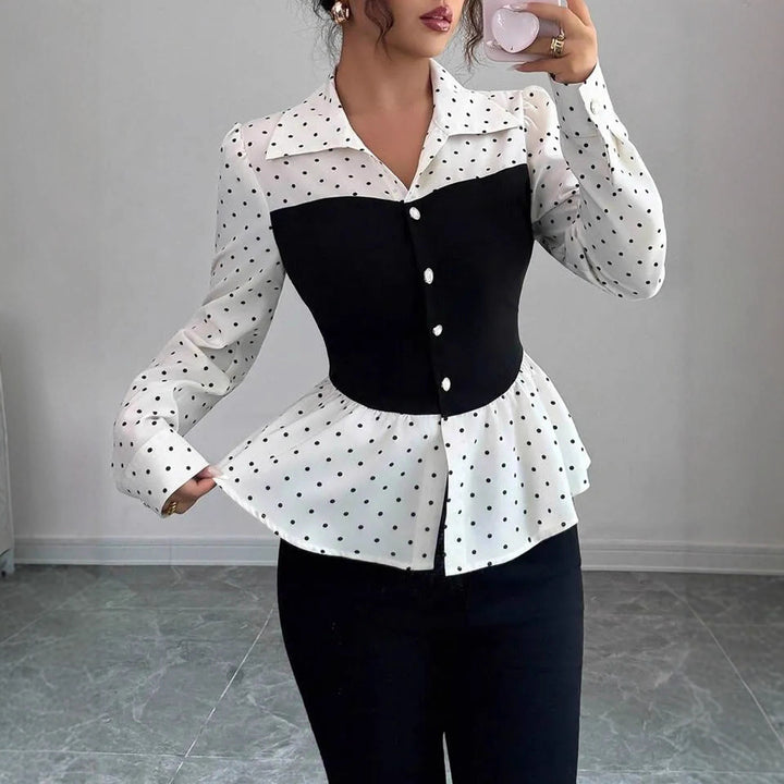 Ladies two-piece blouse with corset look and peplum drape