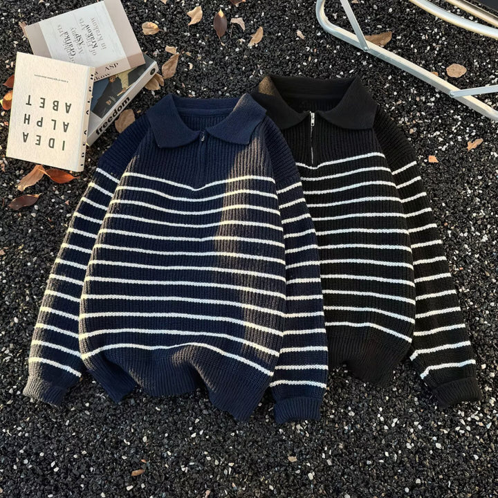 Unisex Chunky Knit Oversize Sweater with Half Zipper and Polo Collar Mune Fashion