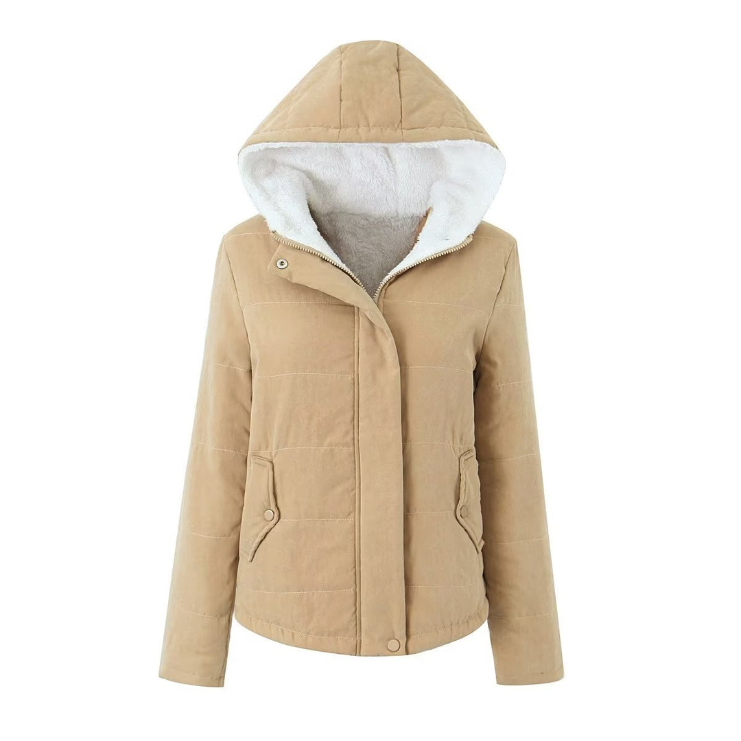 Women's quilted hooded jacket with cozy teddy lining, concealed zipper and flap pockets Mune Fashion