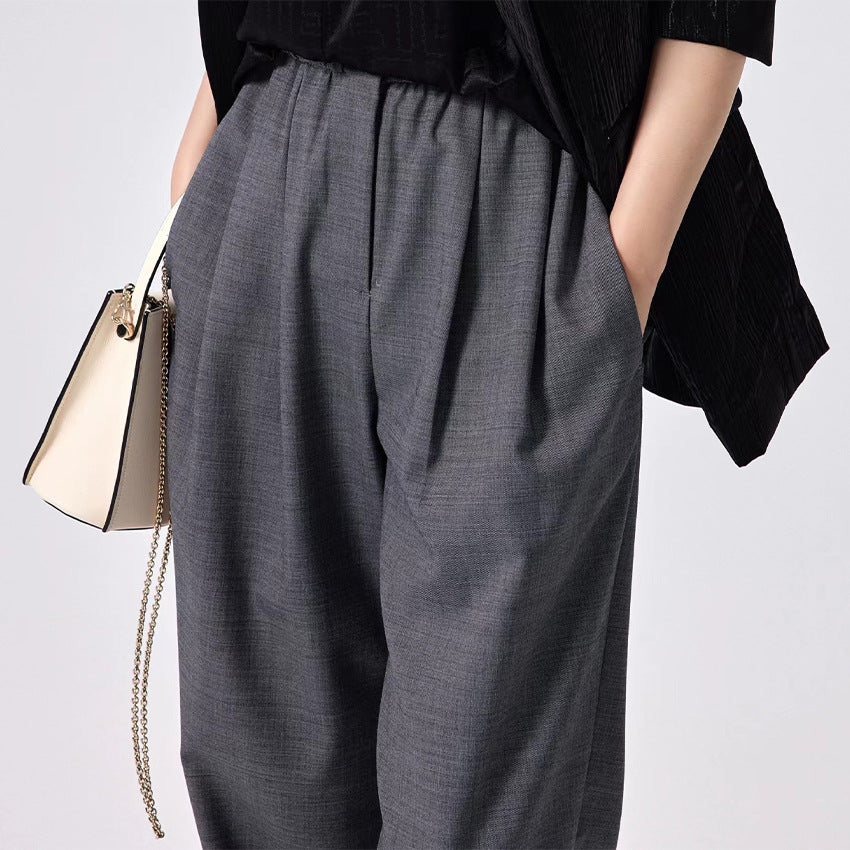Women Wide High-Waist Fabric Pants with Elastic Waistband and Straight Leg Mune Fashion