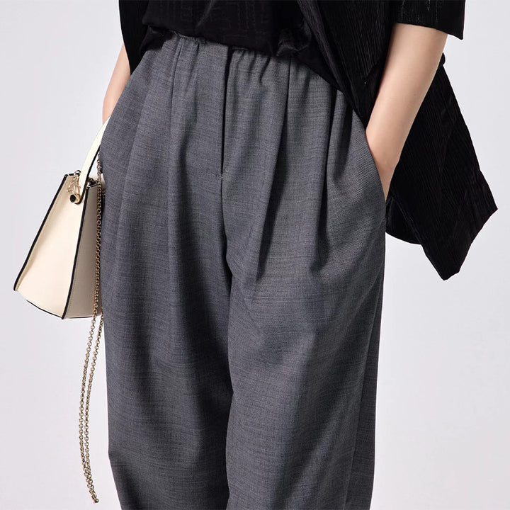 Women Wide High-Waist Fabric Pants with Elastic Waistband and Straight Leg Mune Fashion