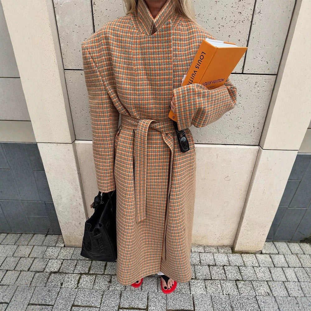 Women Oversized Wool Check Coat with Waist Belt and Emphasized Shoulder Area Mune Fashion