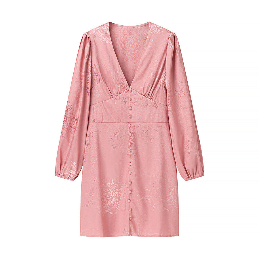 Women's jacquard mini dress with deep V-neckline, decorative button placket and voluminous balloon sleeves Mune Fashion