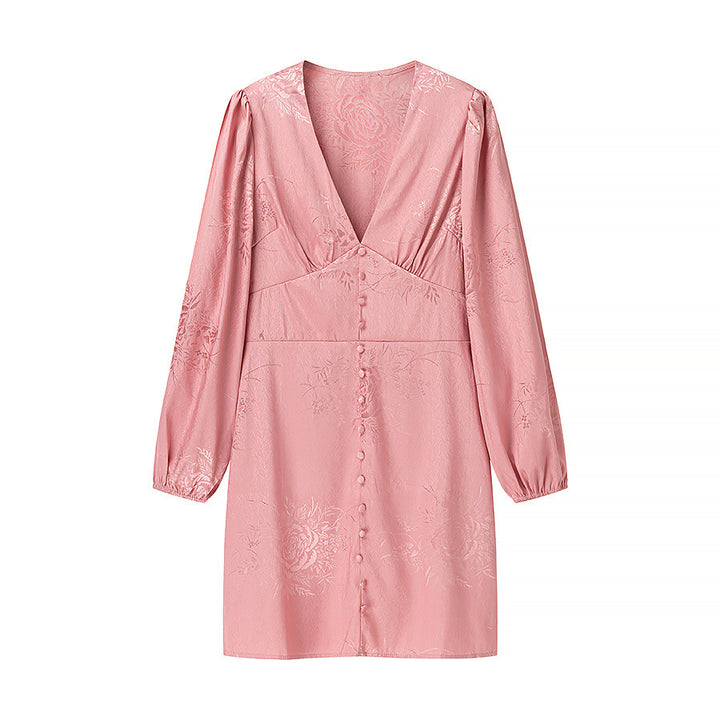 Women's jacquard mini dress with deep V-neckline, decorative button placket and voluminous balloon sleeves Mune Fashion