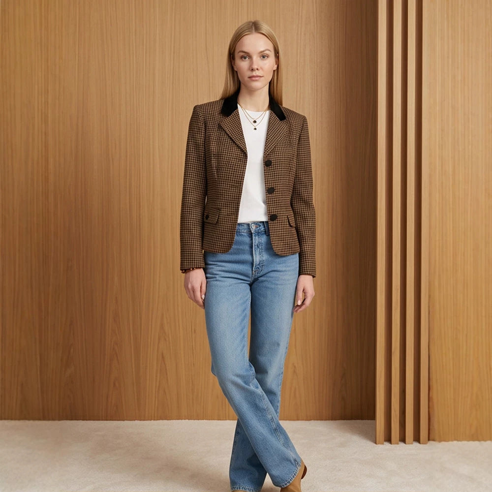 Women Tailored Houndstooth Blazer with Velvet Collar and Two-Button Placket Mune Fashion