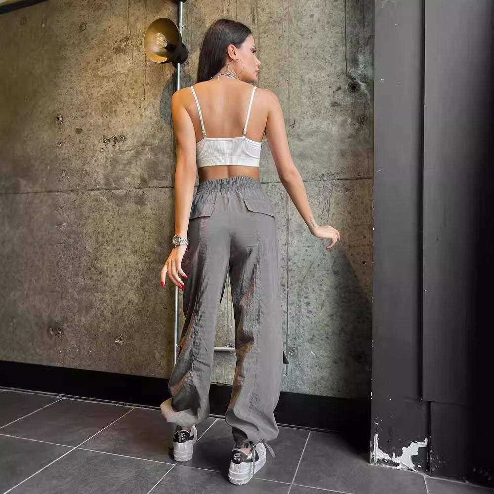 Women's cargo harem pants with high elastic waist and patch flap pockets Mune Fashion