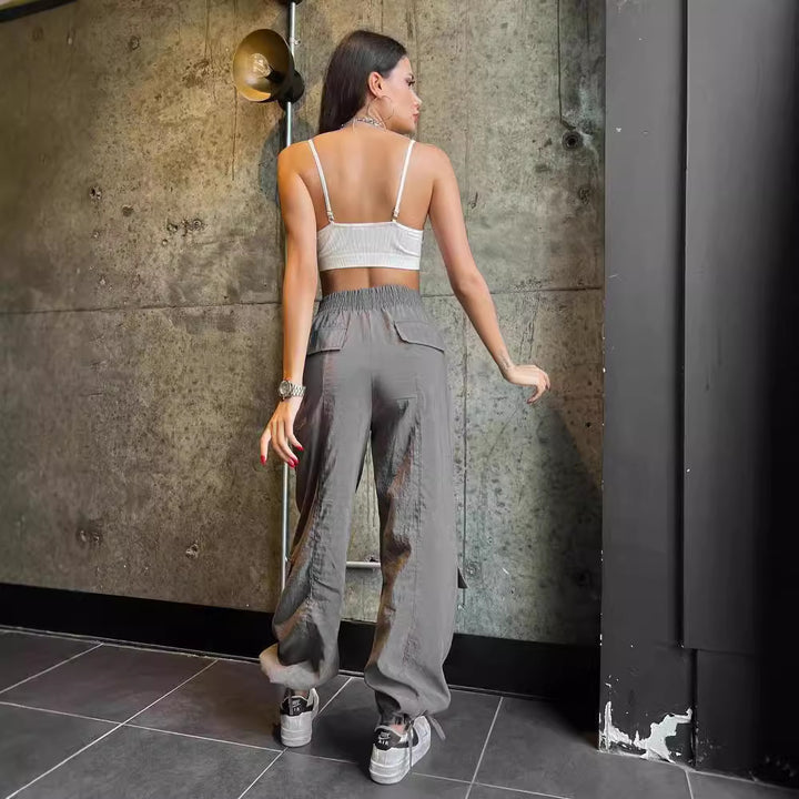 Women's cargo harem pants with high elastic waist and patch flap pockets Mune Fashion