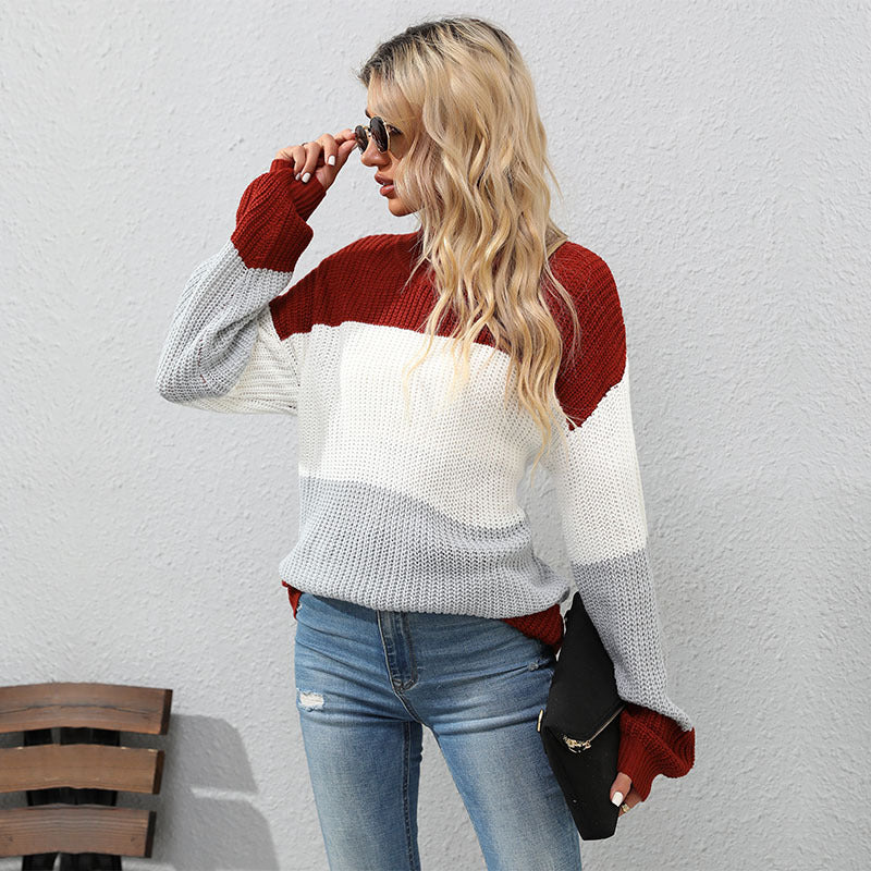 Women's Fashionable Knit Sweater with High Collar and Block Stripes Mune Fashion
