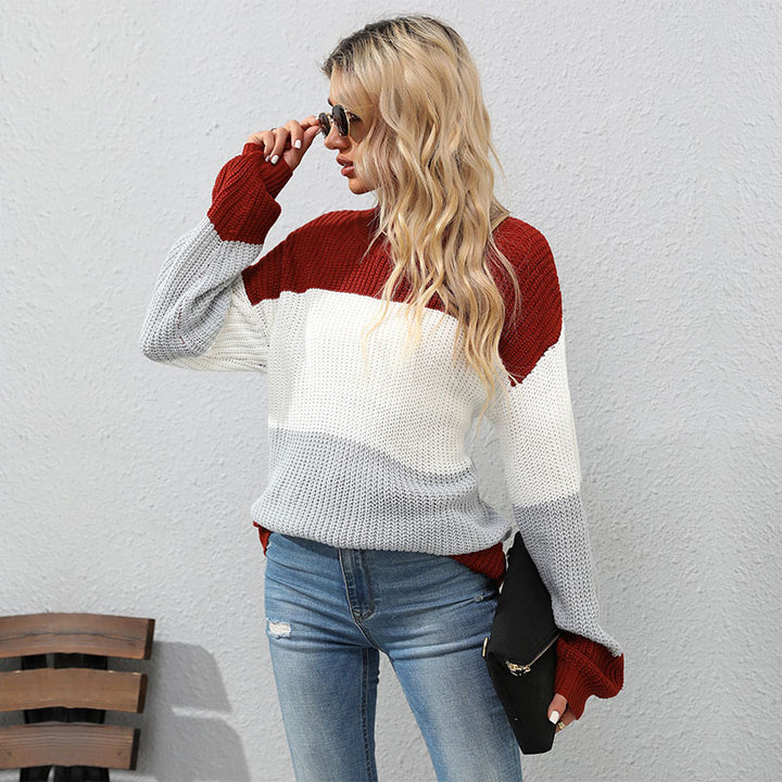 Women's Fashionable Knit Sweater with High Collar and Block Stripes Mune Fashion