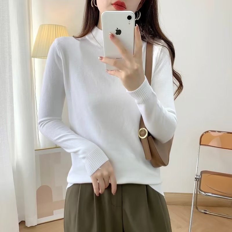 Ladies Fine Long Sleeve Fine Knit Sweater with Narrow Stand-Up Collar and Ribbed Cuffs Mune Fashion
