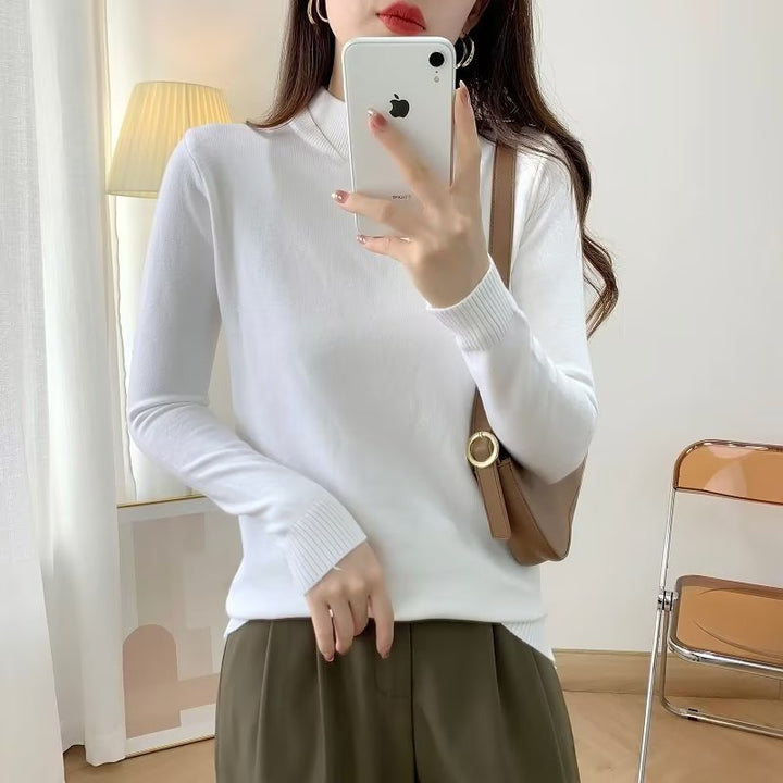 Ladies Fine Long Sleeve Fine Knit Sweater with Narrow Stand-Up Collar and Ribbed Cuffs Mune Fashion