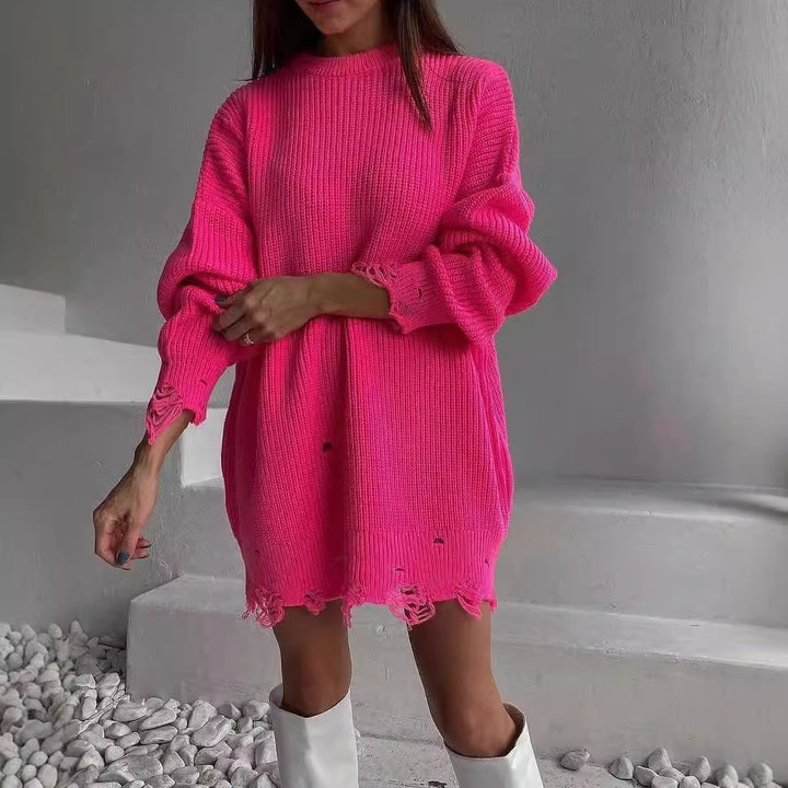 Women Oversized Knitted Dress with Destroyed Hem and Balloon Sleeves Mune Fashion