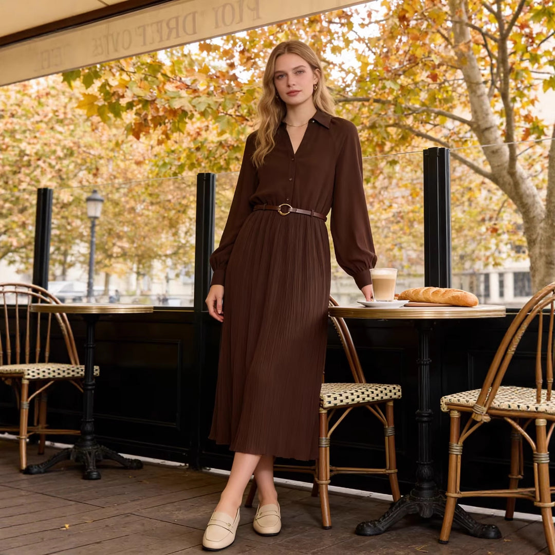 Women Pleated Shirt Dress with Balloon Sleeves, Concealed Button Placket, and Waist Belt Mune Fashion