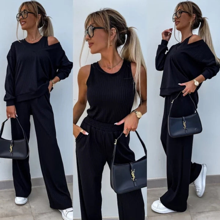 Women's elegant ribbed two-piece lounge set with one-sided off-shoulder cut and wide palazzo pant leg Mune Fashion