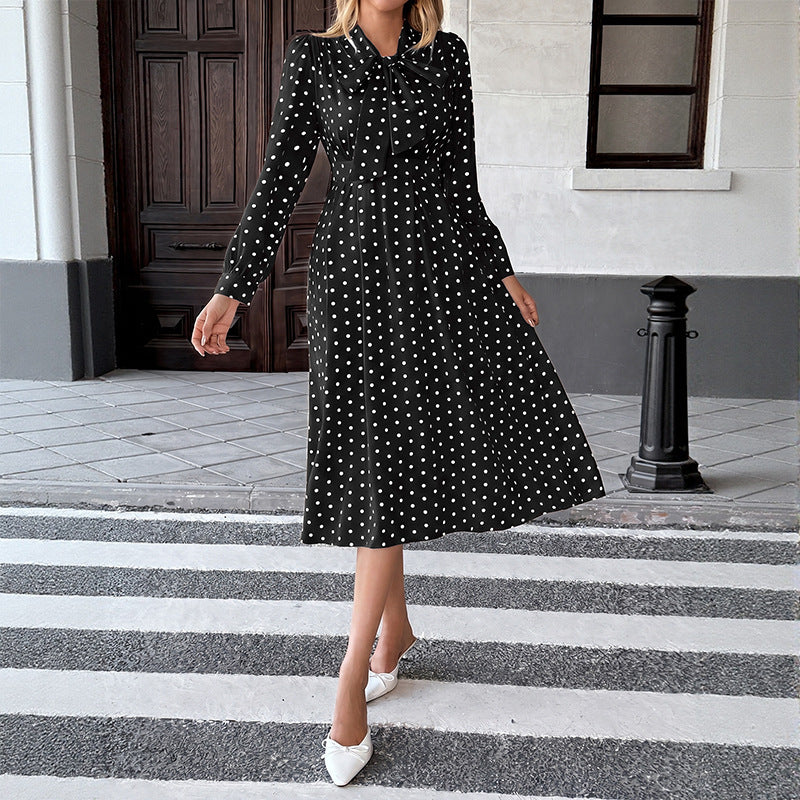 Women’s Midi Dress with Bow Collar and Dots Mune Fashion