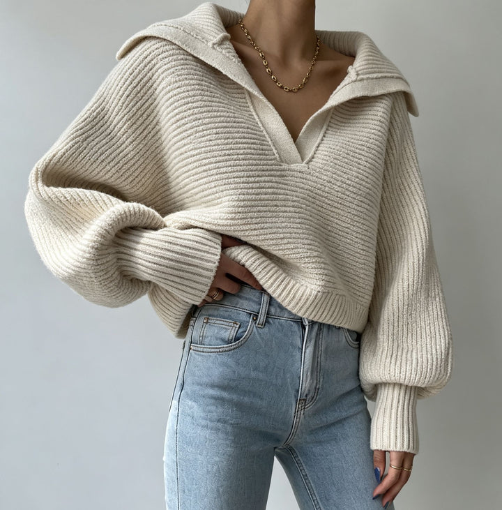 Women's Oversized Knit Sweater with Sailor Collar and Deep V-Neck Mune Fashion