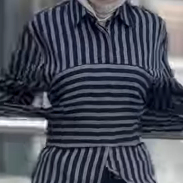 Women Striped Shirt Blouse with Waist Belt, Longer Hem and Side Slit Mune Fashion