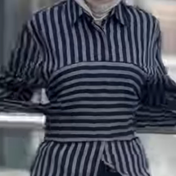 Women Striped Shirt Blouse with Waist Belt, Longer Hem and Side Slit Mune Fashion