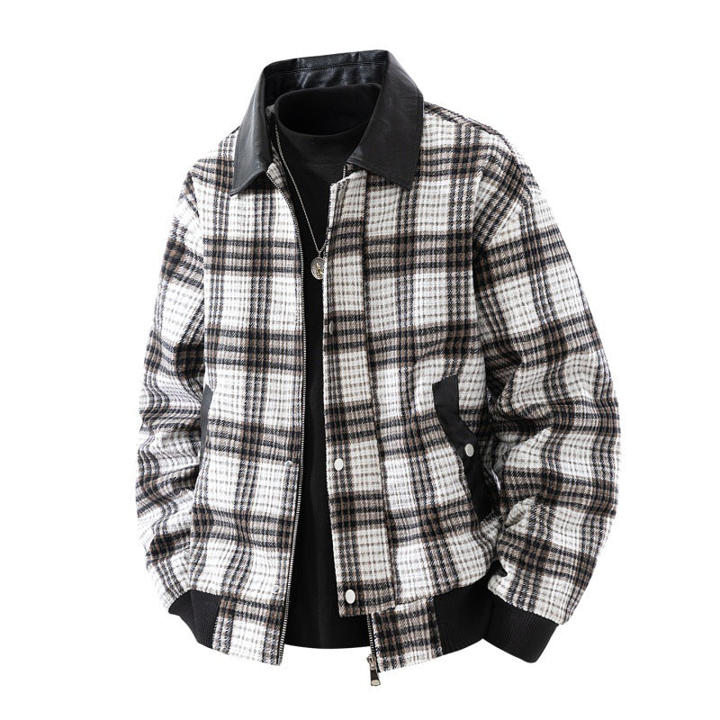 Men's checked overshirt jacket with faux leather collar, lined interior and elastic cuffs Mune Fashion