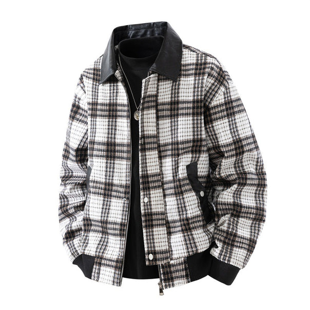 Men's checked overshirt jacket with faux leather collar, lined interior and elastic cuffs Mune Fashion