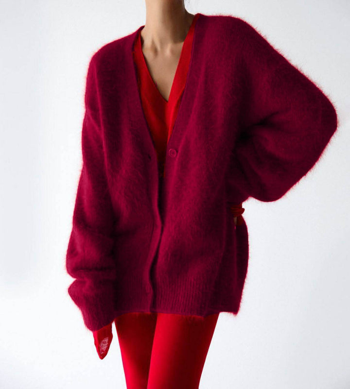 Women Fluffy Mohair-Optic Cardigan with V-Neck and Oversize Cut Mune Fashion