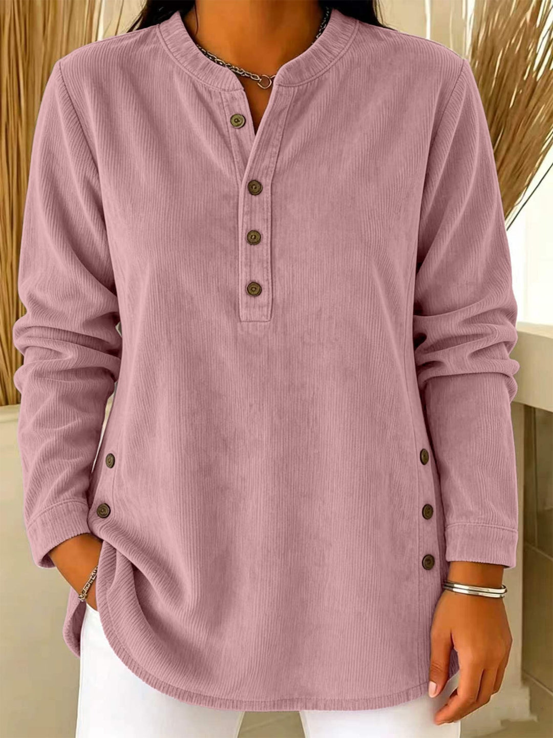 Women Casual Corduroy Look Tunic with Henley Neckline and Side Buttons Drune