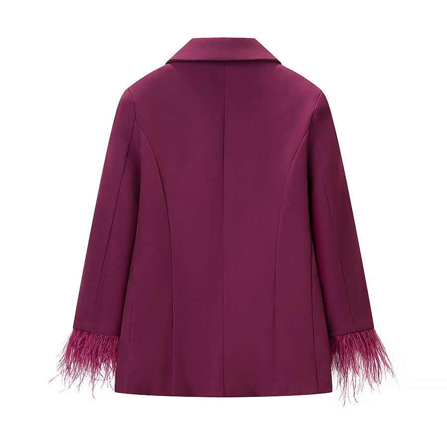 Women's Tailored Pant Suit Set with Feather Trim at the Cuffs Mune Fashion