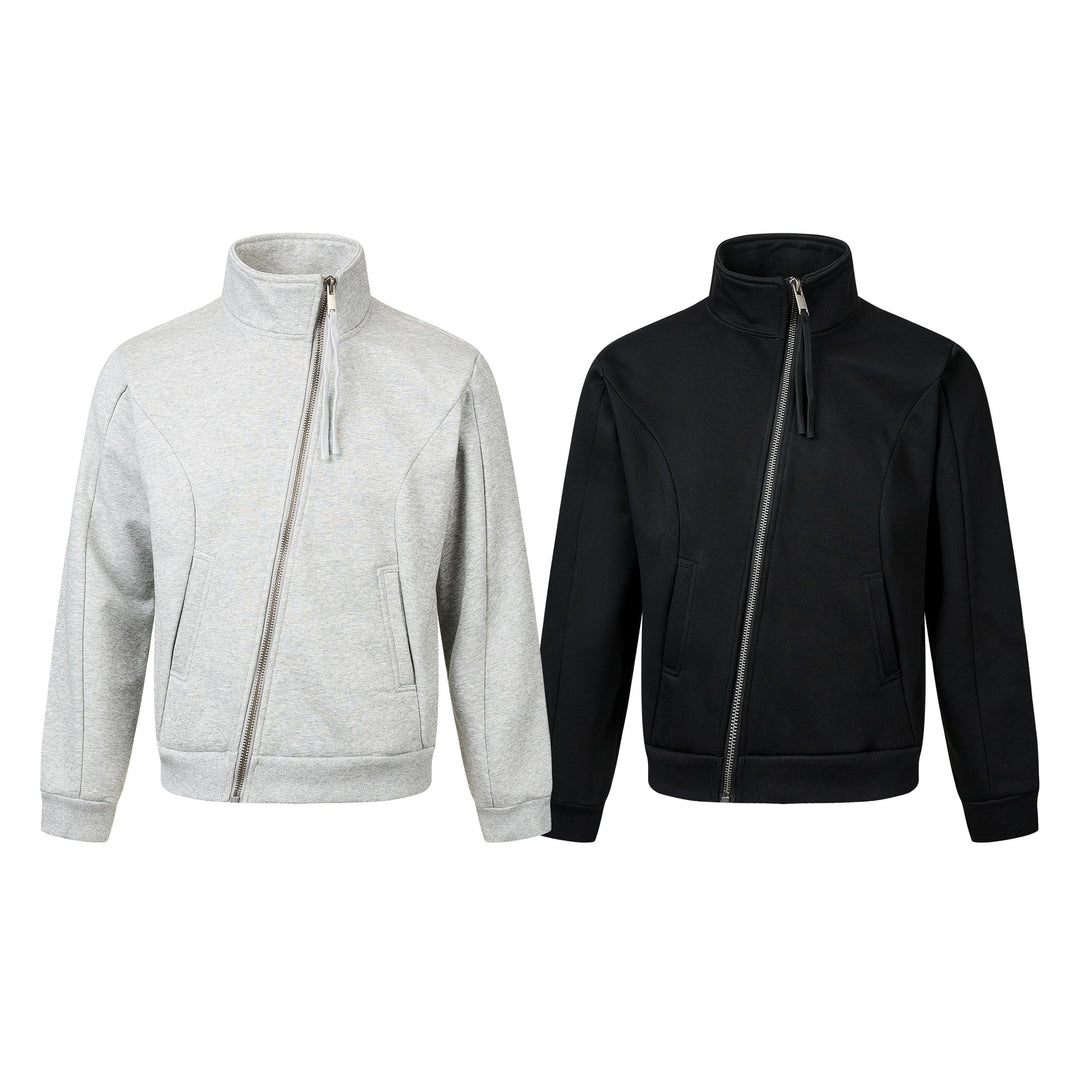 Unisex Short-cut Sweat Jacket with High Stand-up Collar and Asymmetrical Zipper Mune Fashion