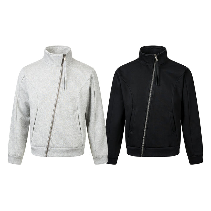 Unisex Short-cut Sweat Jacket with High Stand-up Collar and Asymmetrical Zipper Mune Fashion