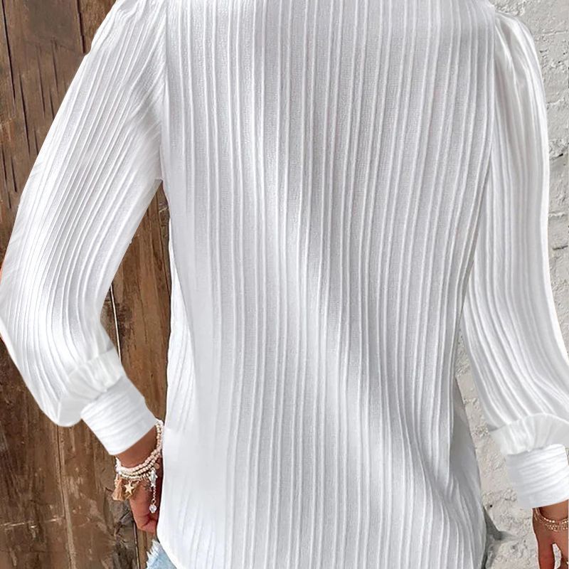 Women Pleated V-Neck Blouse with Lace Trim and Balloon Sleeves Mune Fashion