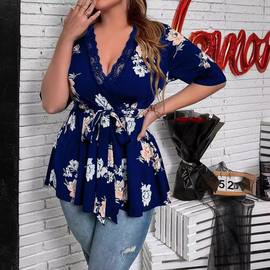 Women's Tailored Wrap Shirt with Lace V-Neck and Three-Quarter Sleeves Mune Fashion