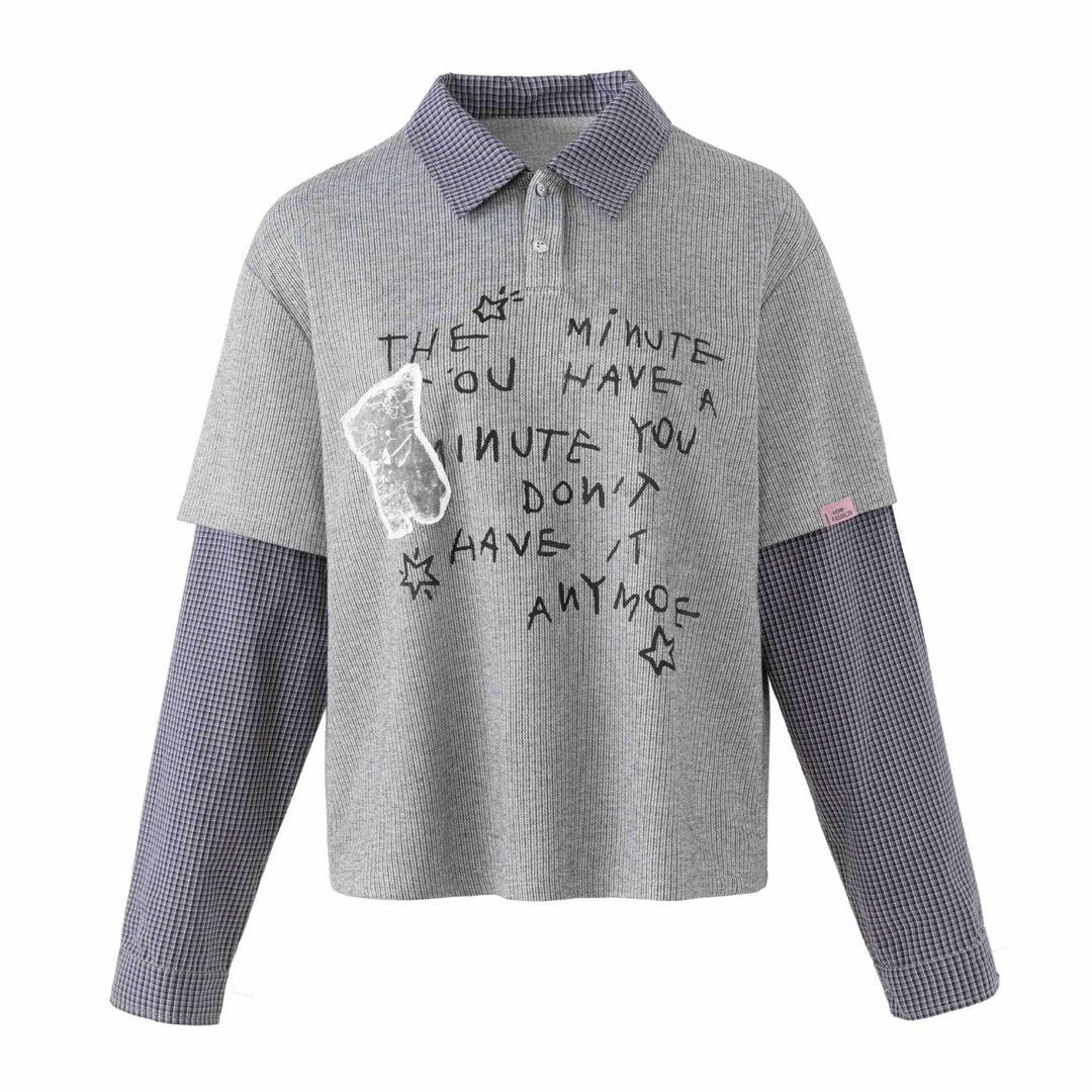 Unisex Layered Look Knit Polo Shirt with Checkered Insert Sleeves and Statement Print Mune Fashion