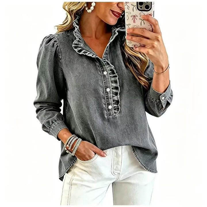 Ladies Denim Blouse with Ruffled Collar and Puff Sleeves Mune Fashion