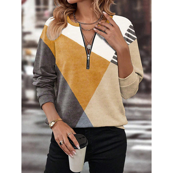 Women's leisure sweatshirt with half zipper and geometric color block pattern Mune Fashion