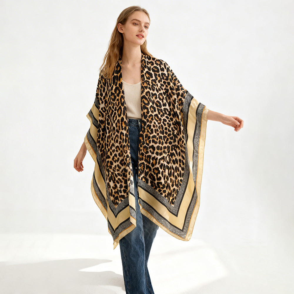 Women Oversized Kimono Wrap with Leopard Print and Wide Satin Border Mune Fashion