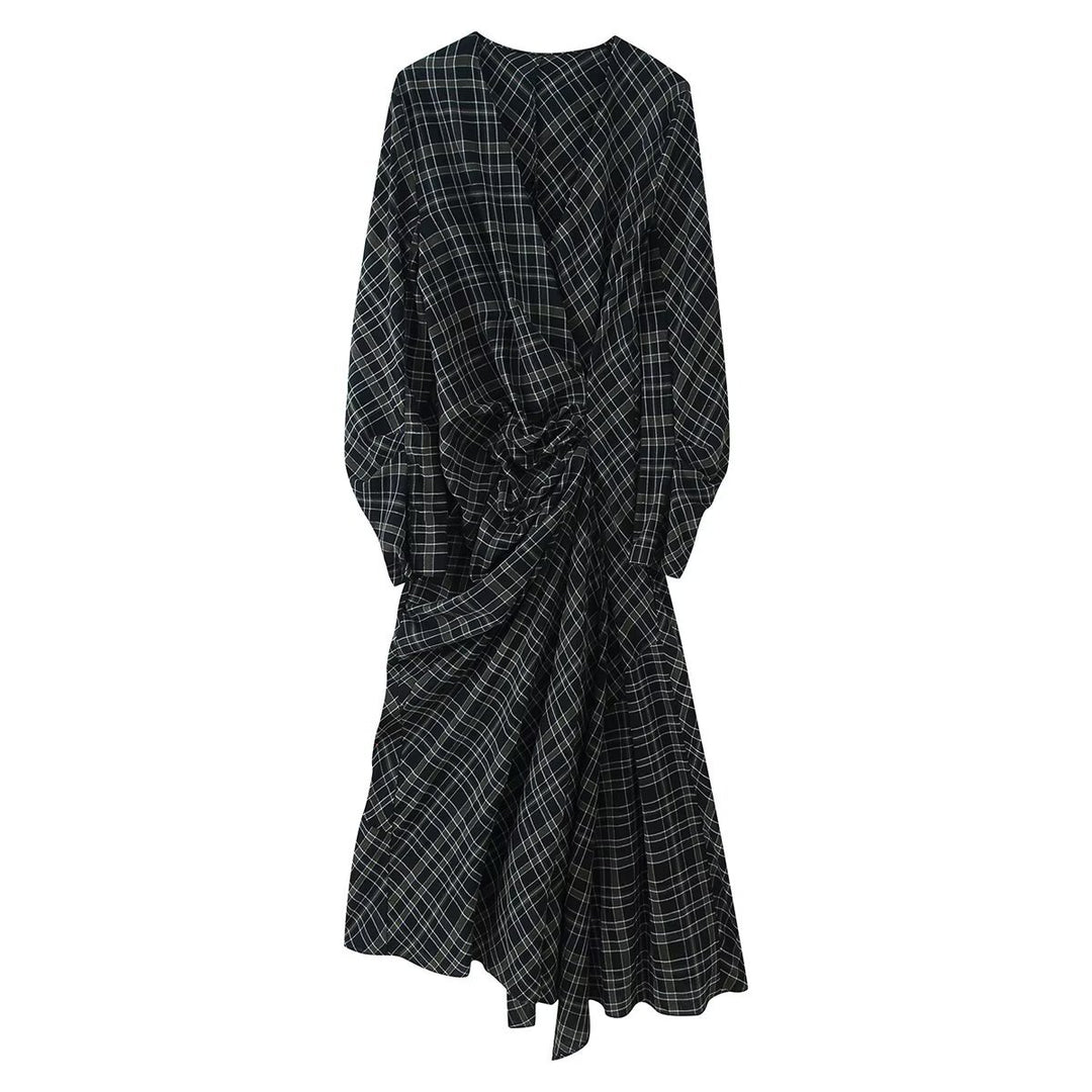 Women Midi Dress with Wrap Look, Side Gathering and Asymmetrical Hem Mune Fashion