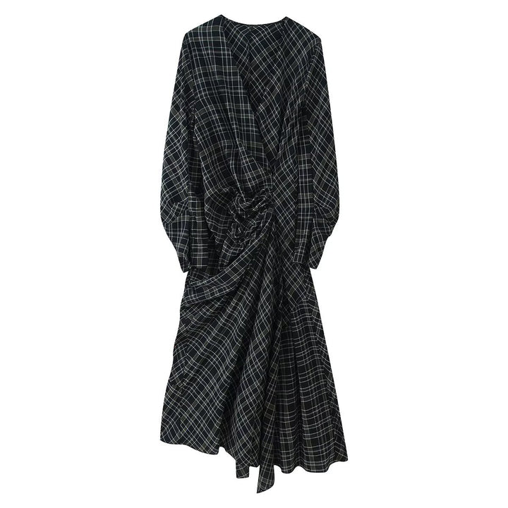 Women Midi Dress with Wrap Look, Side Gathering and Asymmetrical Hem Mune Fashion