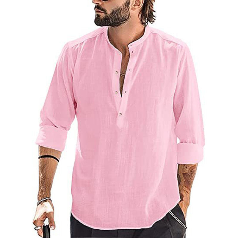 Men's relaxed long sleeve Henley shirt made of breathable linen blend with stand-up collar Mune Fashion