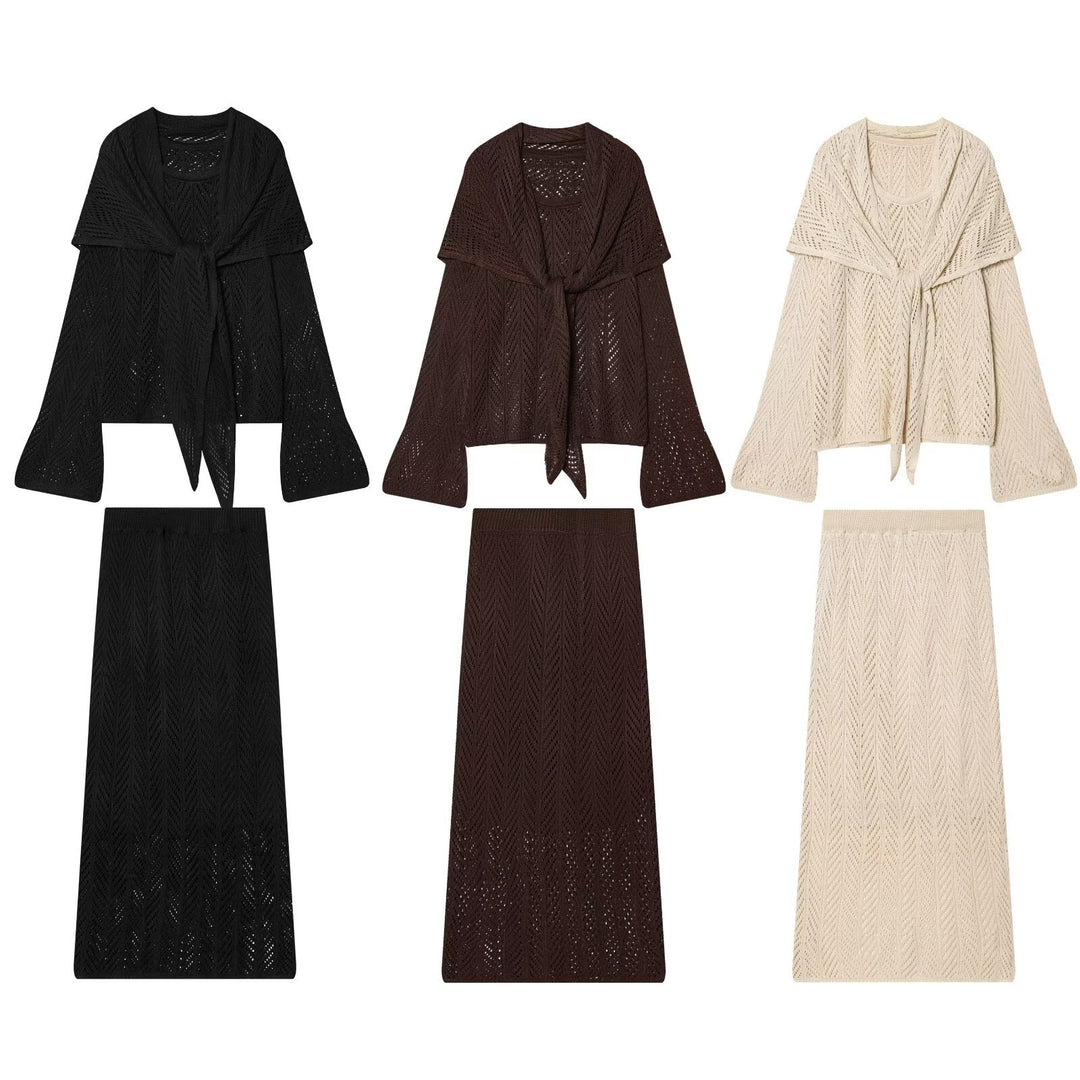 Women's Openwork Knit Set with Open Cardigan and Midi Skirt Mune Fashion