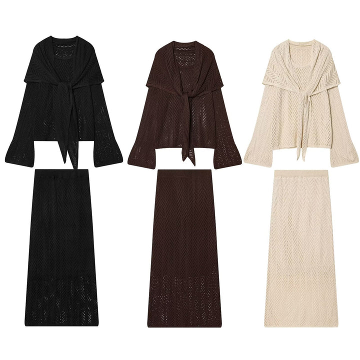 Women's Openwork Knit Set with Open Cardigan and Midi Skirt Mune Fashion