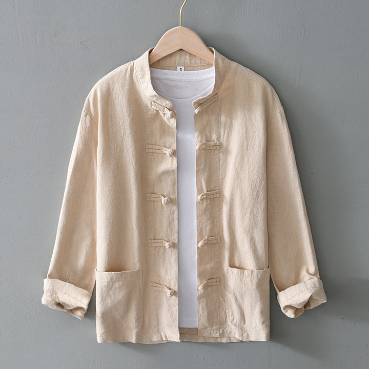 Men's lightweight linen jacket in traditional Chinese style with stand-up collar and knot closures Mune Fashion
