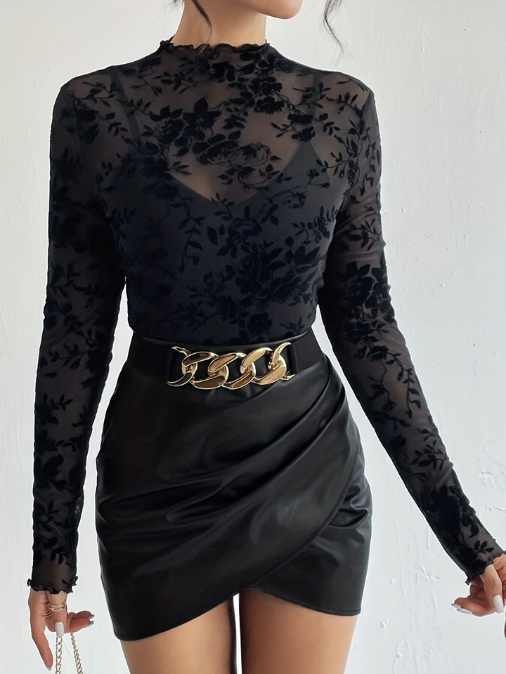 Women's nan transparent mesh top with velvety floral print and stand collar Mune Fashion