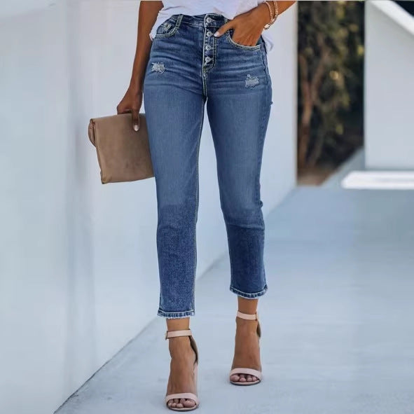 Women's High-Waisted Slim Jeans with Visible Button Placket and Ankle-Length Fit Mune Fashion