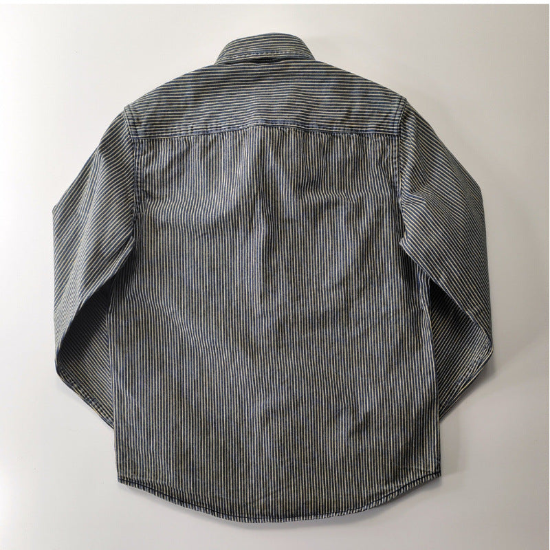 Men's Lightweight Striped Denim Worker Shirt Jacket with Flap Pockets Mune Fashion